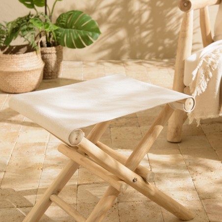 WILL - Folding Stool in Teak Branches | Crossed Legs & Fabric Seat