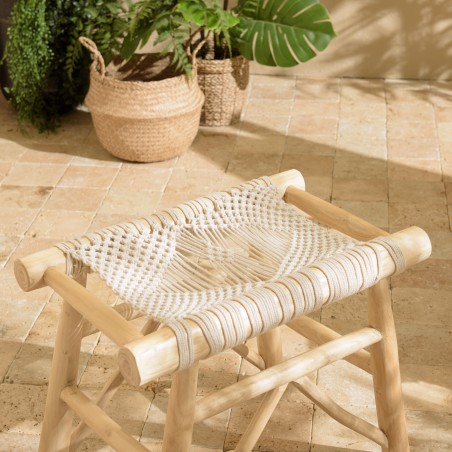 WILL Teak Branch Stool with White Macramé Seat