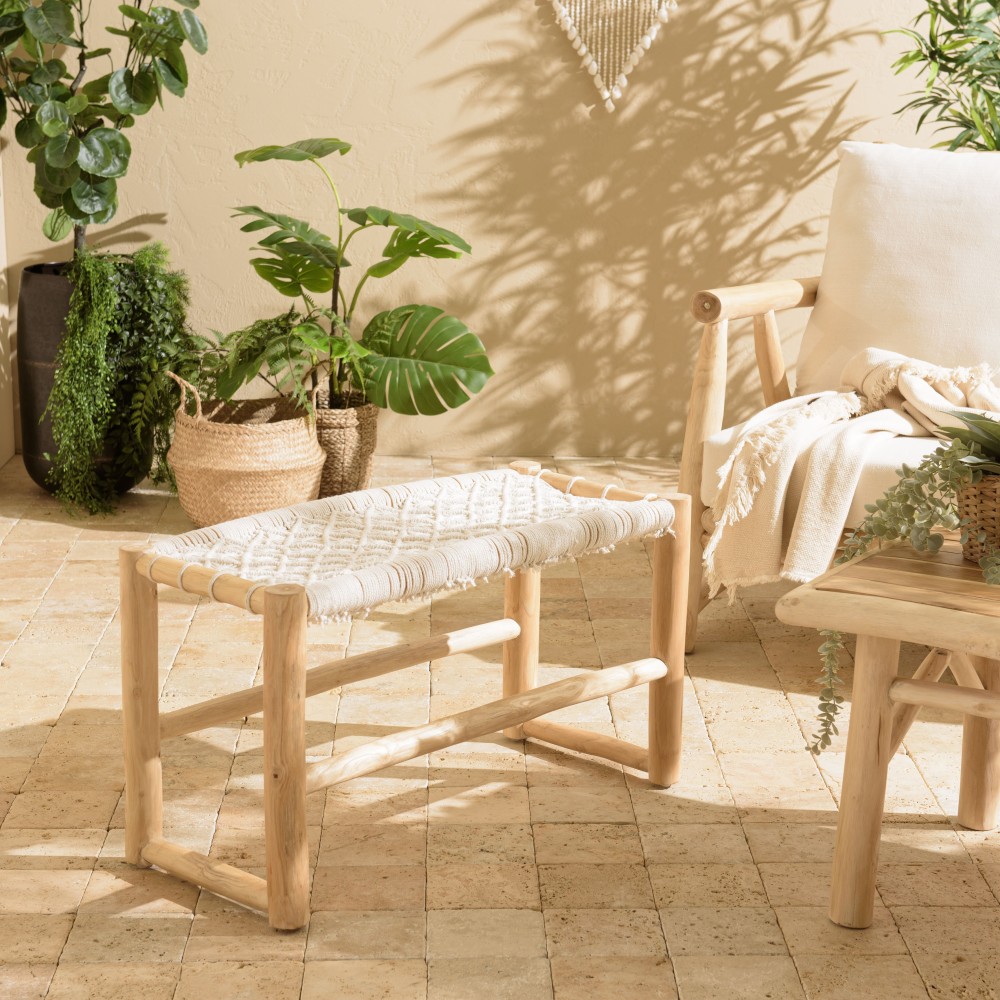 Banc WILL en teck naturel et macramé blanc Banc WILL en teck naturel et macramé blanc