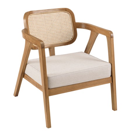 WILL - FLORES Teak Armchair with Cane Backrest and Grey Cushion