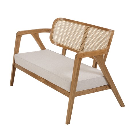 WILL - FLORES 2-seater Teak Sofa with Natural Cane Backrest and Grey Cushion