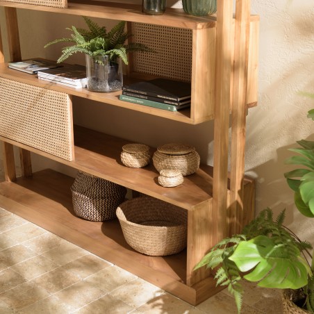 Étagère 6 niveaux en bois de mahogany et cannage naturel