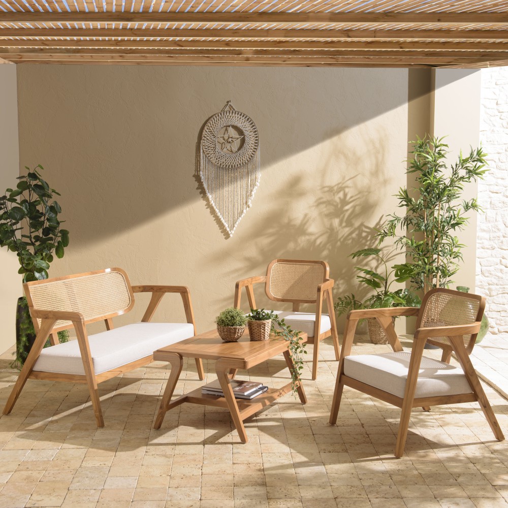 Ensemble FLORES en teck - Canapé 2 p., 2 fauteuils, 1 table basse Ensemble FLORES en teck - Canapé 2 p., 2 fauteuils, 1 table basse