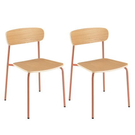 Lot de 2 chaises écolier en bois de frêne et acier terracotta