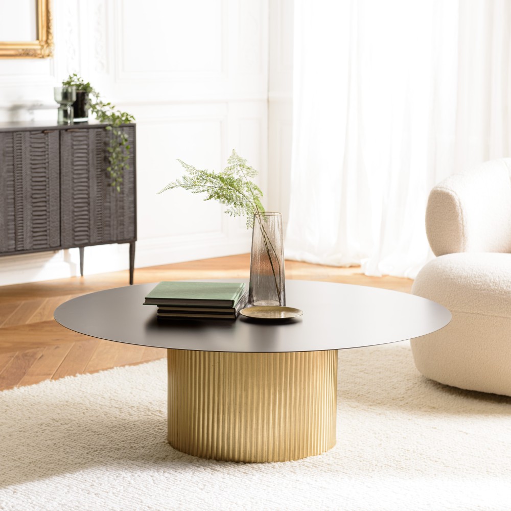 Table basse ronde JAMES 110x110cm en fer noir et pied doré Table basse ronde JAMES 110x110cm en fer noir et pied doré