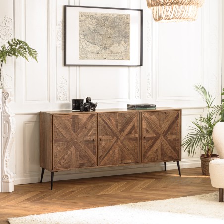 KIARA Sideboard 3 Doors Recycled Wood Symmetrical Shapes Metal Legs
