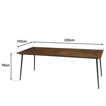 Table à manger KIARA rect. 220x100cm bois de teck et acier