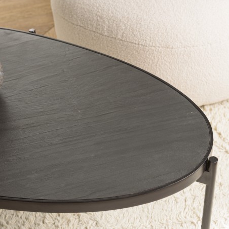 BASILE Oval Coffee Table 131x65cm Black Stone Effect with Metal Legs