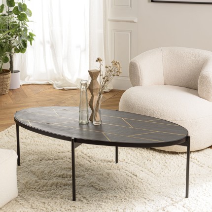 Table basse ovale BASILE - Effet pierre et motifs dorés
