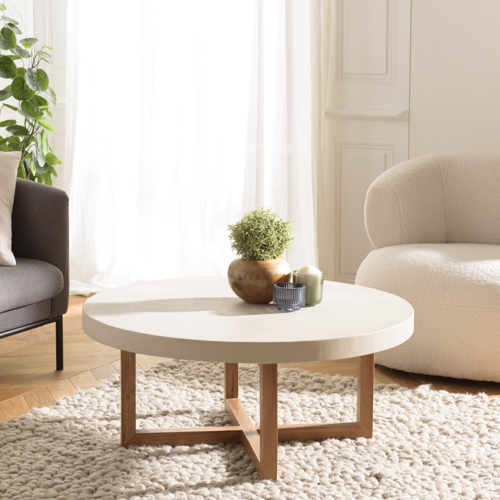 Table basse ronde WALLY en béton beige et teck 92x92cm Table basse ronde WALLY en béton beige et teck 92x92cm