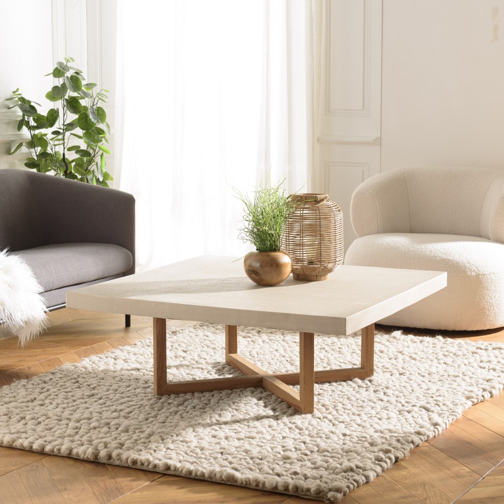 WALLY Square Coffee Table 107x107cm - Beige Concrete & Teak Legs WALLY Square Coffee Table 107x107cm - Beige Concrete & Teak Legs