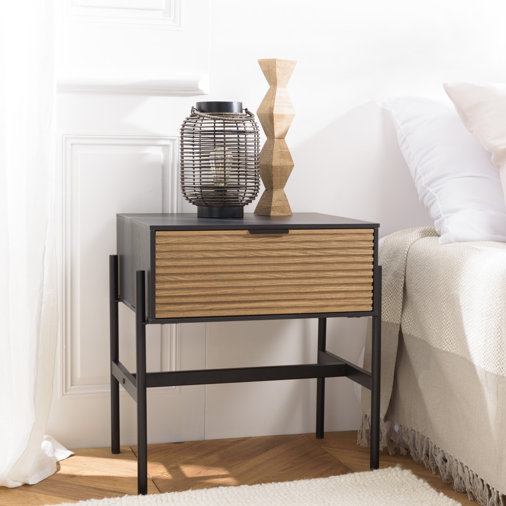 CHARLIE Brown and Black Bedside Table - 1 Drawer & Metal Legs CHARLIE Brown and Black Bedside Table - 1 Drawer & Metal Legs