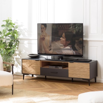 CHARLIE Brown and Black TV Stand with 2 Doors, 1 Drawer and 1 Compartment