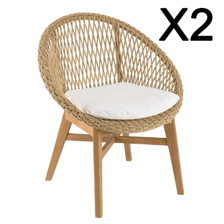 Lot de 2 fauteuils jardin arrondi teck rotin synthétique