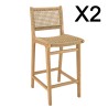Lot de 2 tabourets bar de jardin teck rotin beige