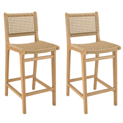 Lot de 2 tabourets bar de jardin teck rotin beige