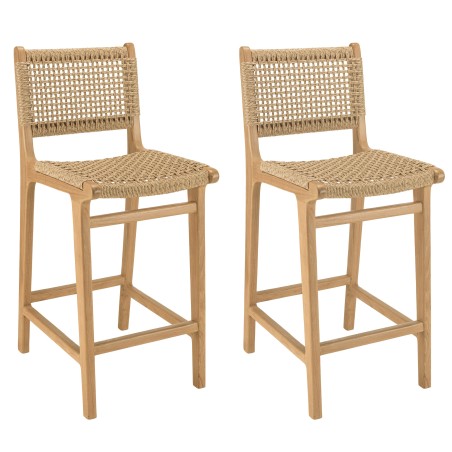 VALERIA Set of 2 Beige Synthetic Rattan Teak Garden Bar Stools