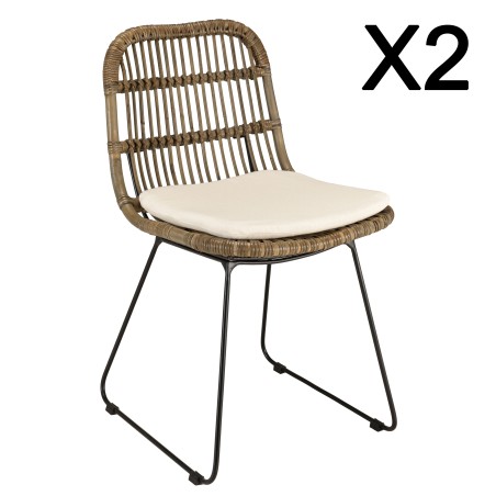 KALLY - Set of 2 Grey Rattan Chairs with White Cushions and Black Metal Legs