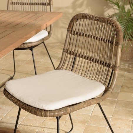 KALLY - Set of 2 Grey Rattan Chairs with White Cushions and Black Metal Legs