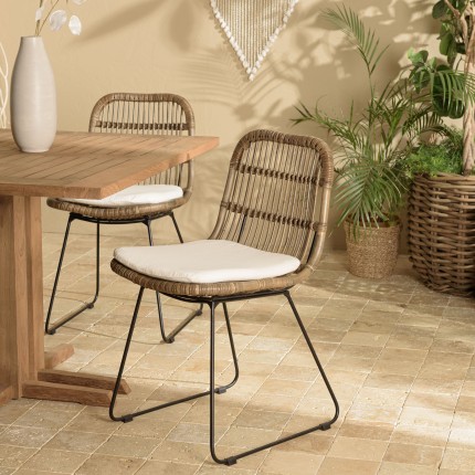 Lot 2 chaises rotin grisé coussin blanc métal noir