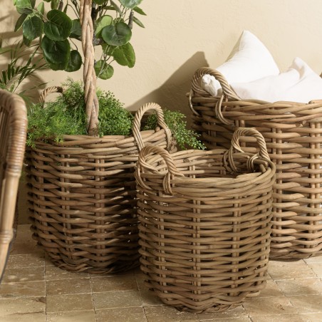 KALLY - Set of 3 Round Storage Baskets in Natural Rattan