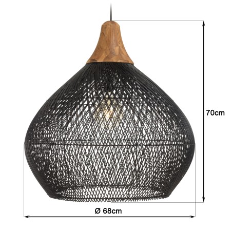 SIXTINE 'Bell' Pendant Light - Black Rattan & Teak - 68 x 68 cm