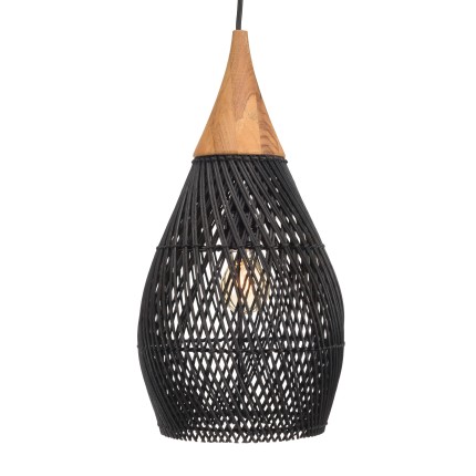 Suspension goutte rotin noir et teck 25x25cm