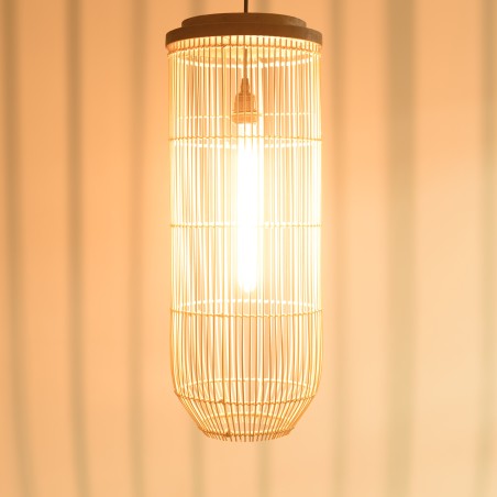 SIXTINE 'Long' Pendant Light - Natural Rattan and Teak - 25 x 25 cm