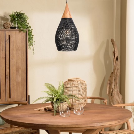 Suspension goutte rotin noir et teck 25x25cm