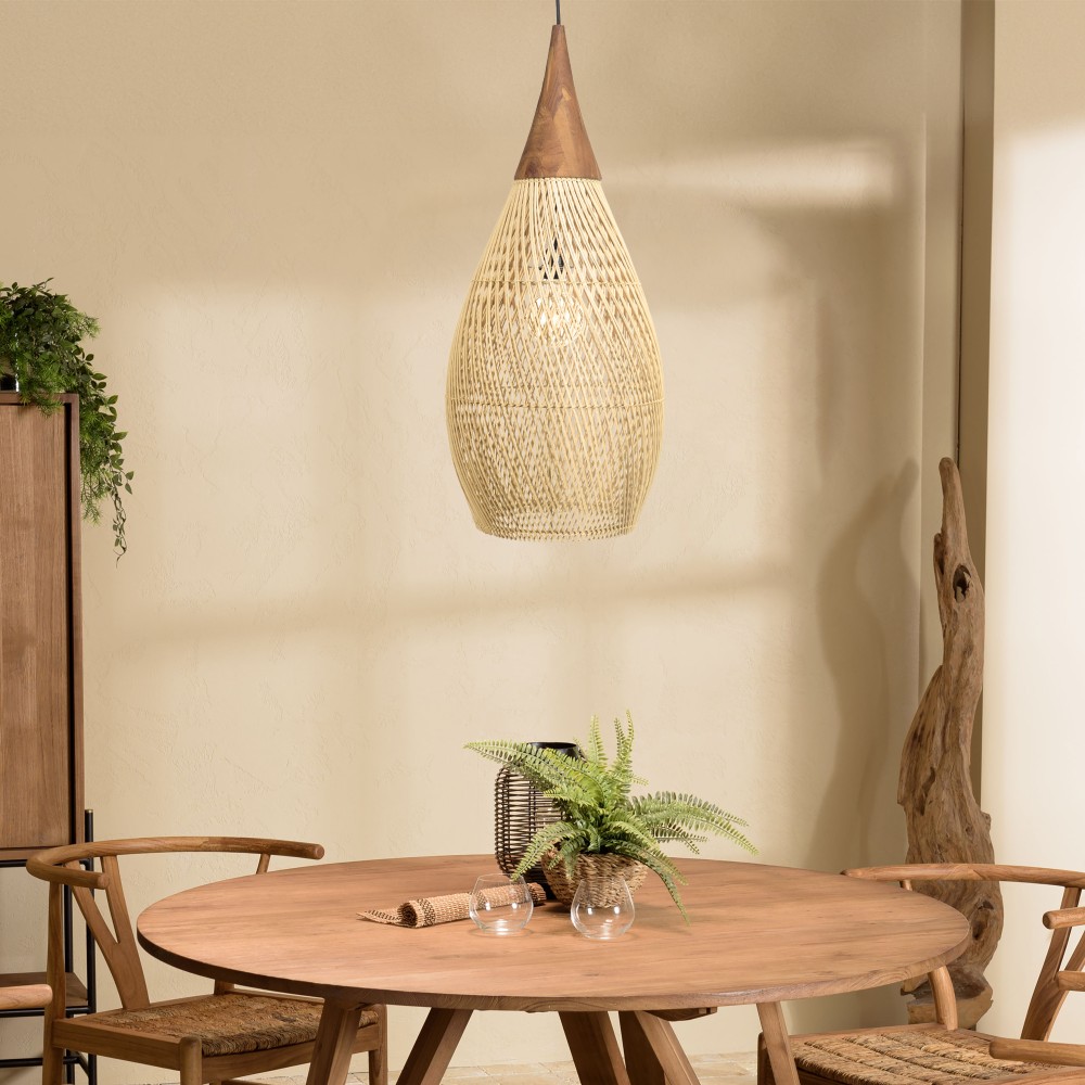SIXTINE 'Drop' Pendant Light - Natural Rattan & Teak - 35x35cm SIXTINE 'Drop' Pendant Light - Natural Rattan & Teak - 35x35cm