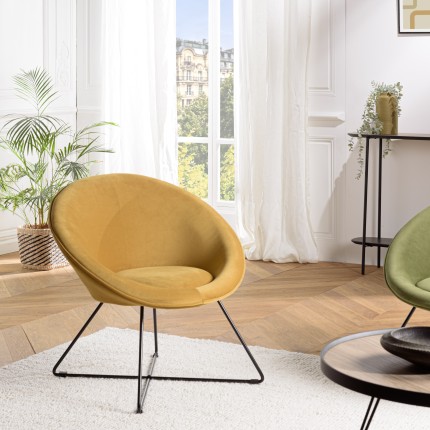 Fauteuil AGATHE - Tissu velours jaune moutarde