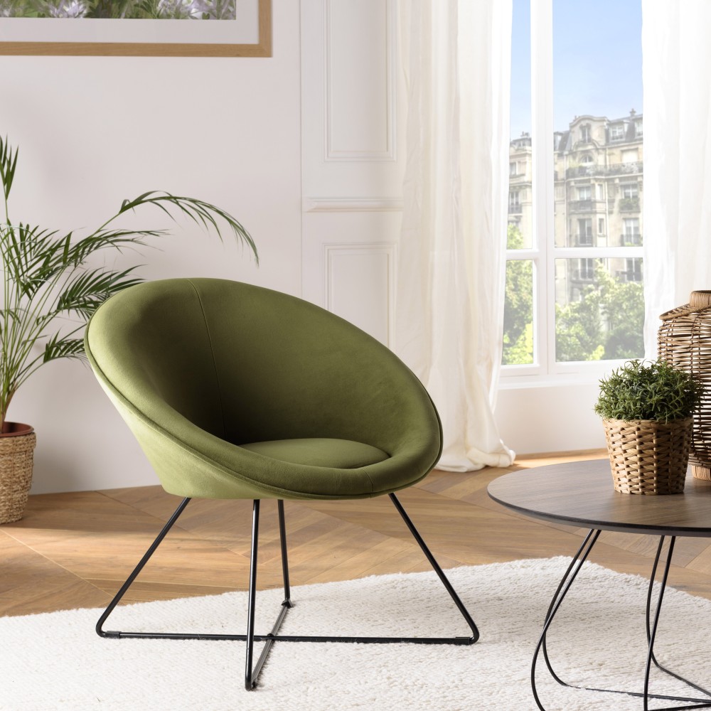 AGATHE Olive Green Velvet Fabric Armchair - Stylish and Comfortable AGATHE Olive Green Velvet Fabric Armchair - Stylish and Comfortable