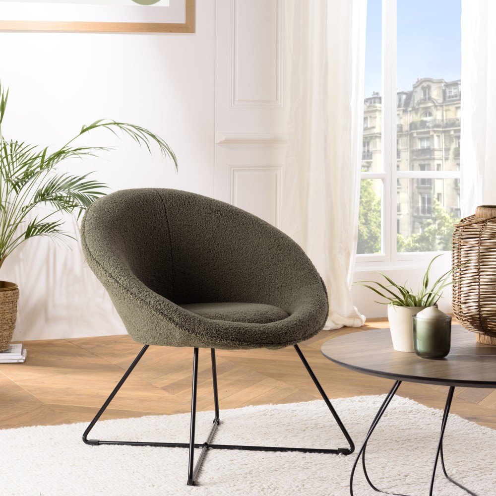 Fauteuil AGATHE - Tissu bouclette vert kaki Fauteuil AGATHE - Tissu bouclette vert kaki