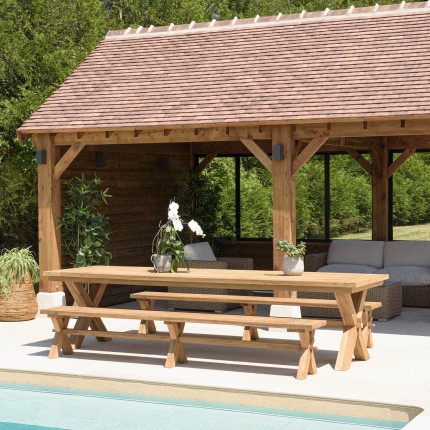 Salon de jardin KALLY en teck recyclé - Table et 2 bancs