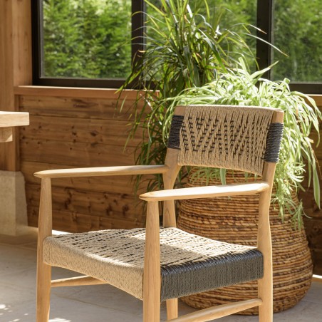 VALERIA - Set of 2 Teak Garden Armchairs | Beige/Black Synthetic Rattan