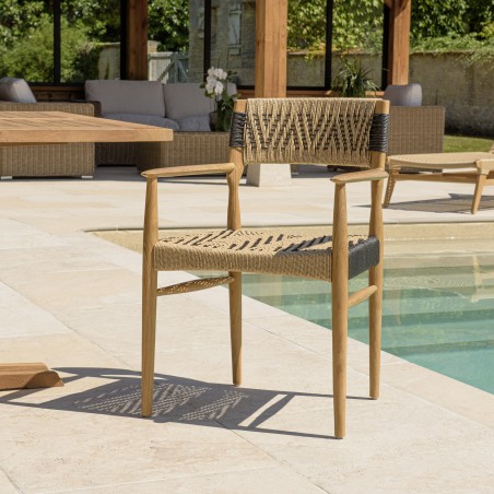 VALERIA - Set of 2 Teak Garden Armchairs | Beige/Black Synthetic Rattan