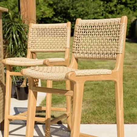 Lot de 2 tabourets bar de jardin teck rotin beige