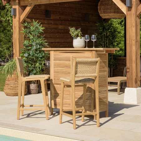 Lot de 2 tabourets bar de jardin teck rotin beige
