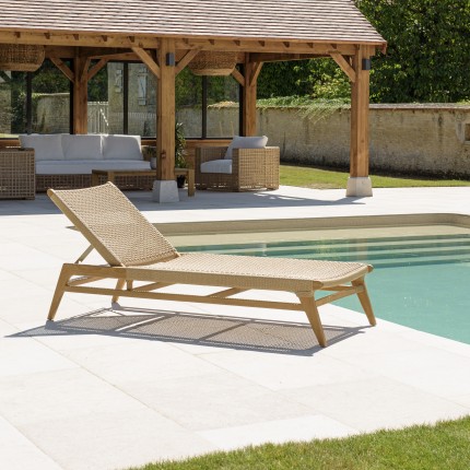 VALERIA Sun Lounger - Natural Teak & Beige Rattan - 4 Reclining Positions