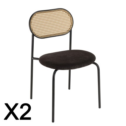 Lot 2 chaises LEA assise tissu noir et dossier cannage