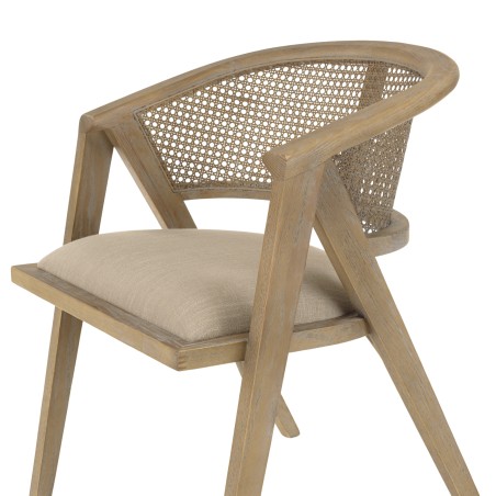 Chaise en bois PIERRE - Assise tissu lin et dossier rotin naturel
