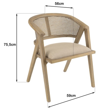 Chaise en bois PIERRE - Assise tissu lin et dossier rotin naturel