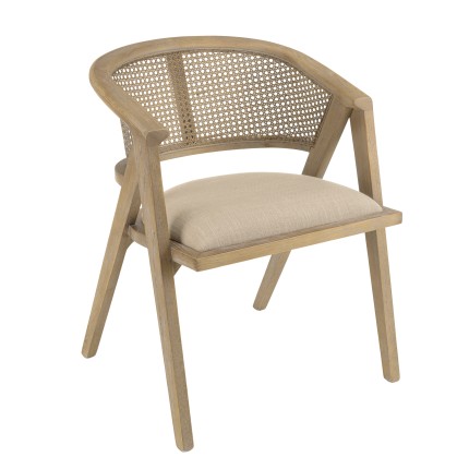 PIERRE Wooden Chair with Linen-Colored Fabric Seat and Natural Rattan Backrest