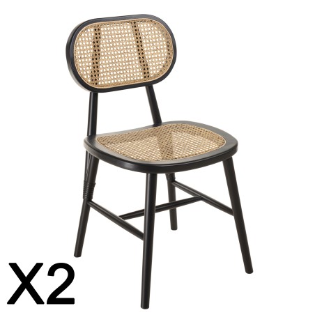 Lot 2 chaises bois noir et rotin naturel