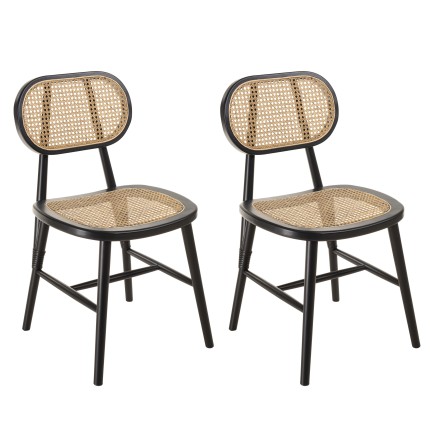 Lot 2 chaises bois noir et rotin naturel