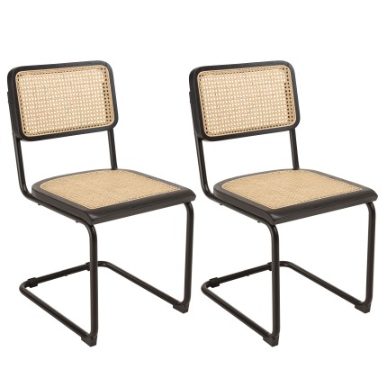 Lot 2 chaises bois noir/rotin naturel métal