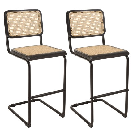 Lot de 2 tabourets d'îlot bois noir/rotin naturel