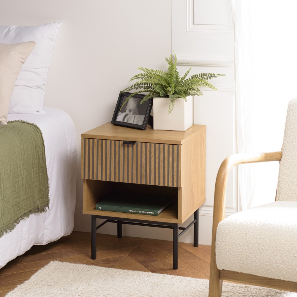 SCOTT Bedside Table with 1 Drawer in Black and Natural Wood Effect SCOTT Bedside Table with 1 Drawer in Black and Natural Wood Effect