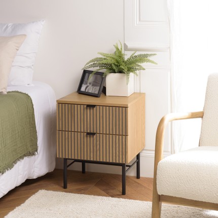 SCOTT Bedside Table - Black/Natural Wood Effect - 2 Drawers