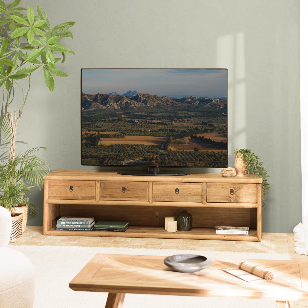 Meuble TV SANDY 4 tiroirs 1 niche 200cm bois pin recyclé Meuble TV SANDY 4 tiroirs 1 niche 200cm bois pin recyclé